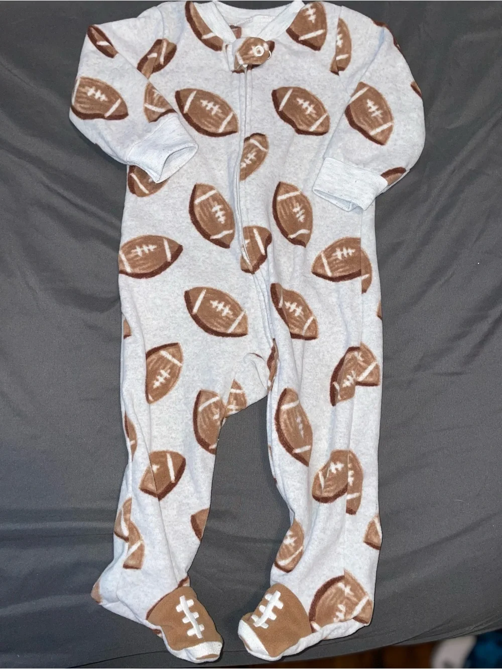 Carter's Light Gray Footed One-Piece Pajamas with Brown Footballs